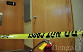 The men’s bathroom in the basement of the Pond Student Union Building is closed due to a fire Friday, March 15.