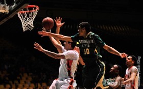 Tomas Sanchez, 1, drives to the basket against Sacramento State.