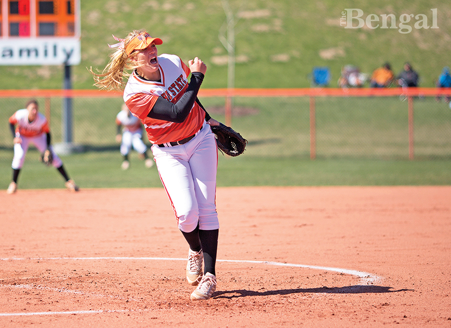 ISU Women's softball player at pitcher's mound