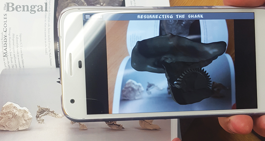 iPhone showing virtual reality app to accompany "Resurrecting the Shark: A Scientific Obsession and the Mavericks Who Solved the Mystery of a 270-Million-Year-Old Fossil" book