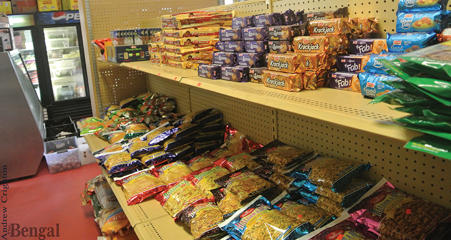 Stocked shelves at the Himalayan Grocery & Smoke Shop