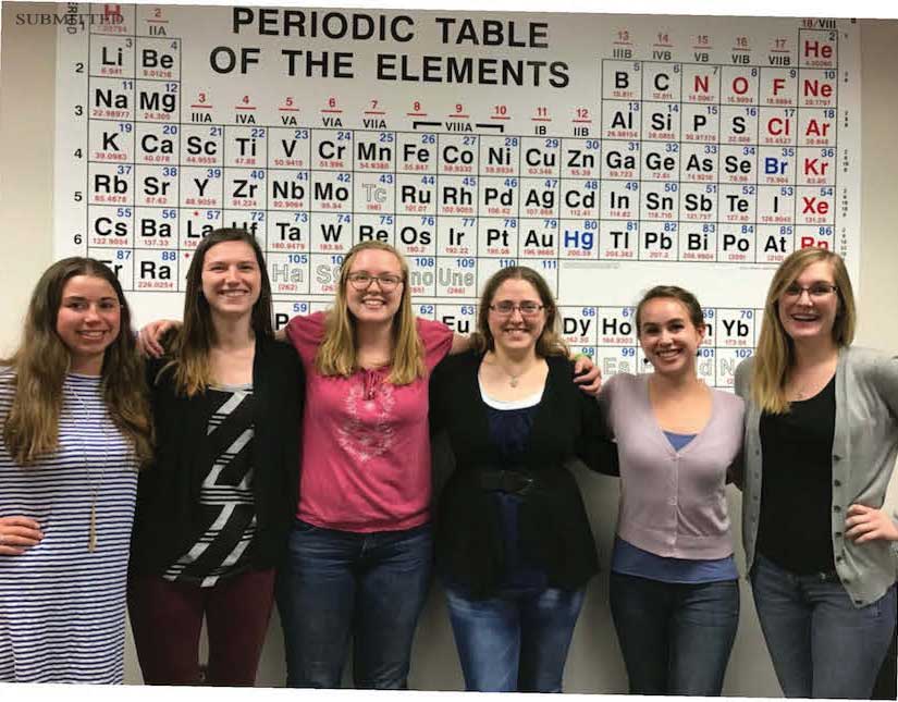 Group of students standing in front of periodic table.