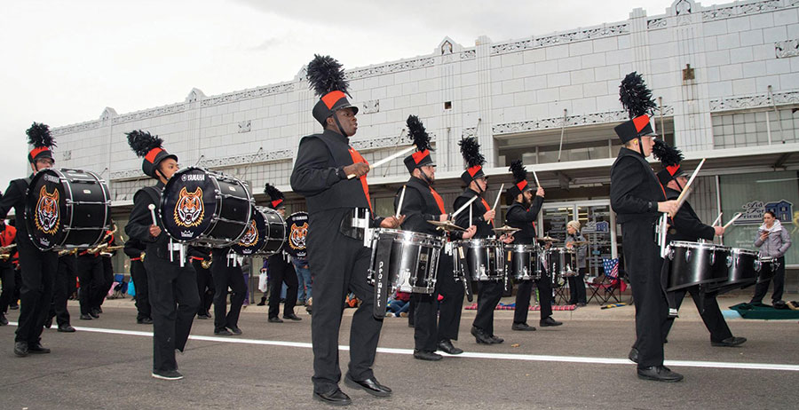 ISU marching band playing in the homecoming parade.