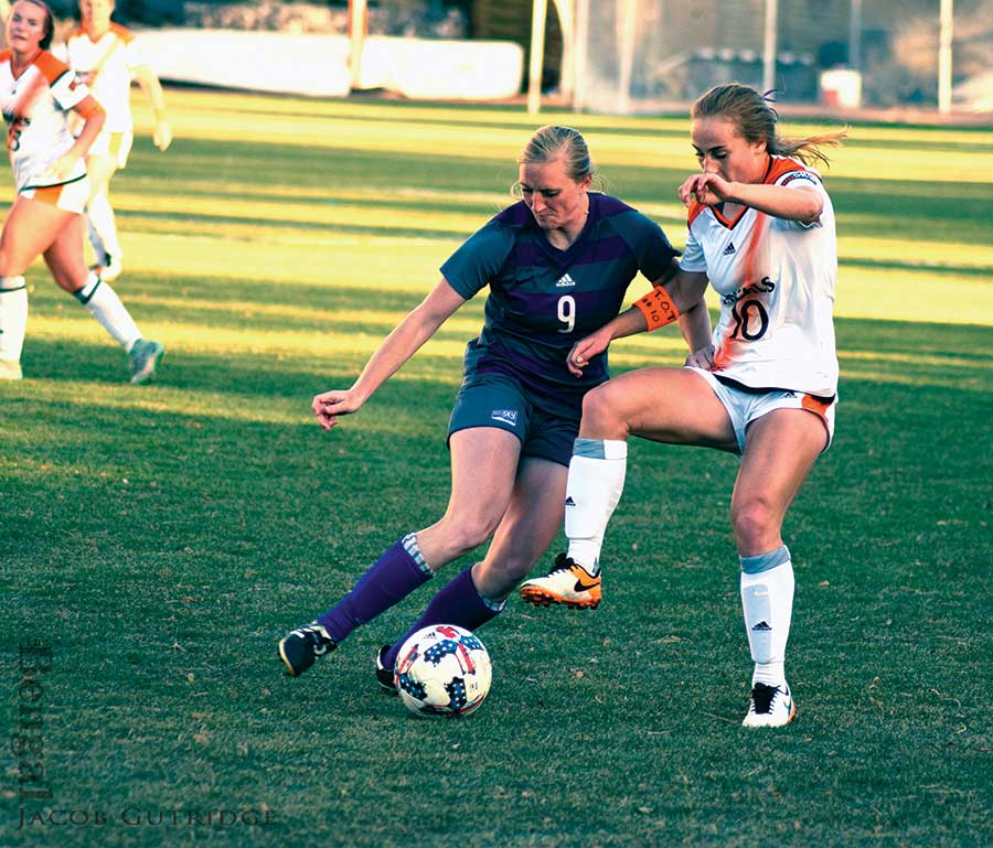 Two soccer players struggle for the ball.