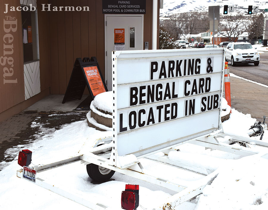 Sign outside public safety stating 'Parking & Bengal Card located in SUB'