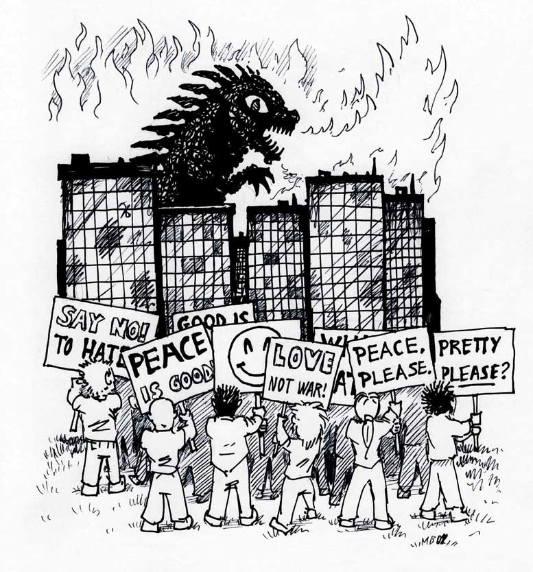 Carton of people protesting Godzilla destroying a city with signs such as "Peace is good."