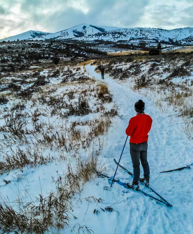Person in red coat stands on cross country skis
