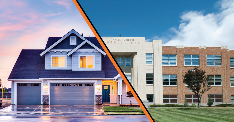 Graphic split in half with one half showing picture of house and the other showing ISU biulding