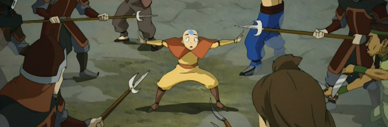 Shot from Avatar: the Last Airbender, with Aang standing in middle of a group of weapon wielding foes, his arms extend straight out, and an alarmed look on his face.