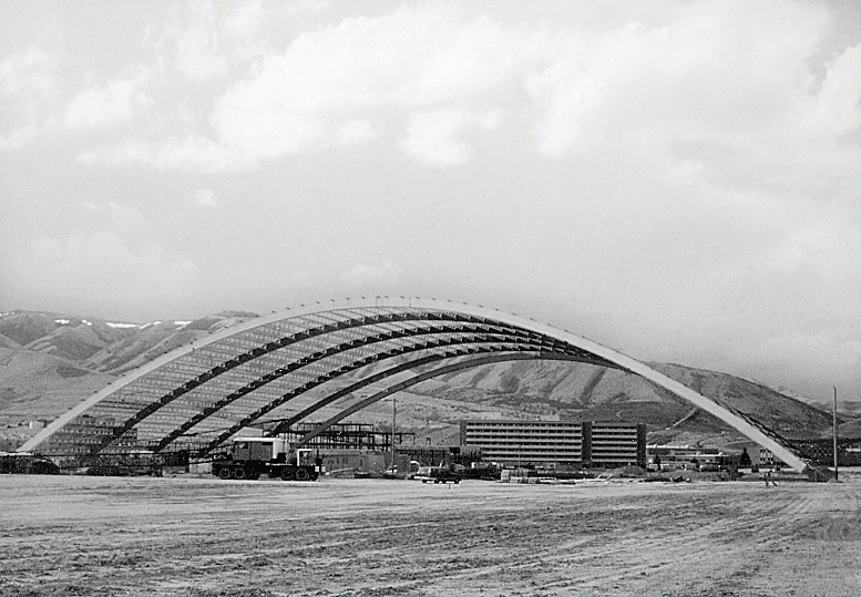Black and white photo of HOlt Arena being constructed
