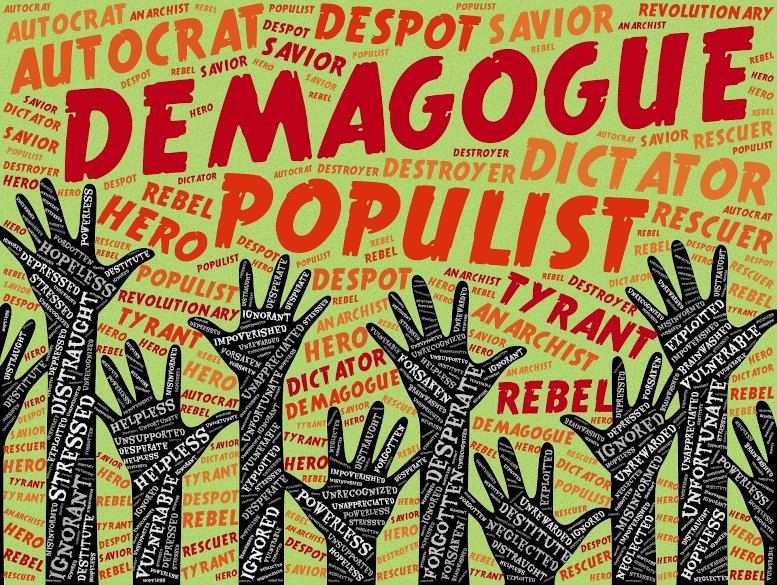 Illustration of open hands being raised with words like "hopeless", "stress", and "helpless" in black and white and a background made up of orange and red words reading things like "demagogue" and "populist"