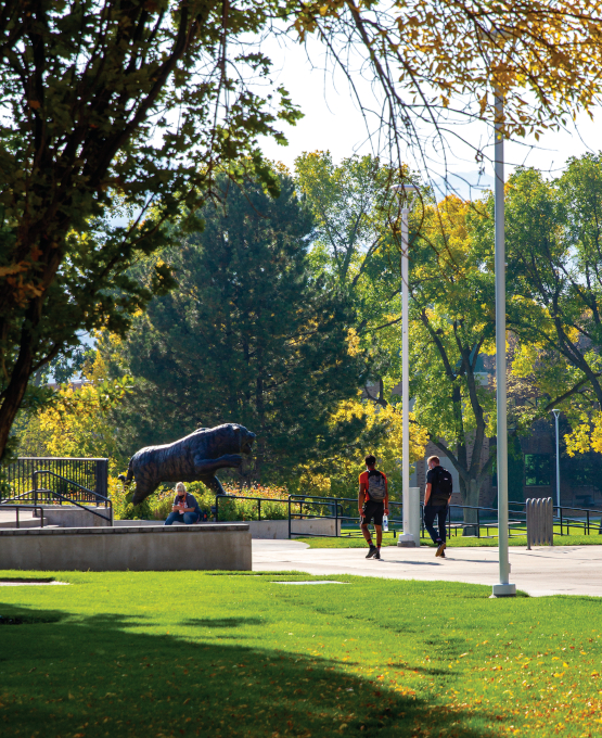 Two students walk away from the camera in a distance on the Quad. Another student sits on the steps, reading.