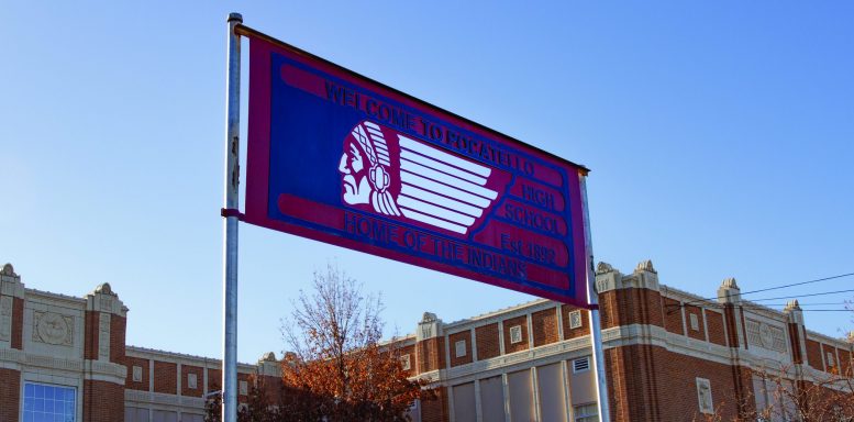 Sign outside Pocatello High School reading "Welcome to Pocatello High School, Est. 1892, Home of the Indians"