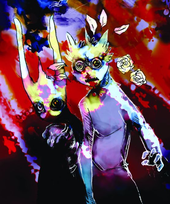 Abstract art with two figures. Multiple colors.