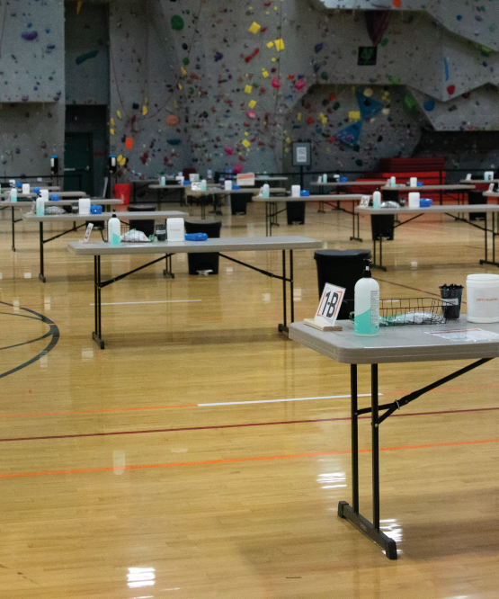 COVID testing stations in ISU gym