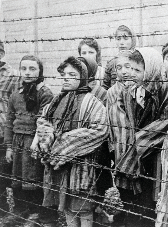 Black and White photo of holocaust victims behind a barb wire fence