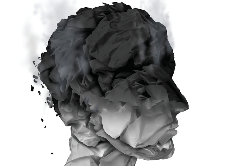 Side profile of a face, drawn to look like it is made of smoldering ash
