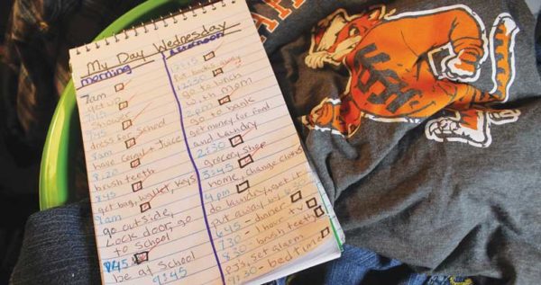 Daily checklist lays on top of laundry basket with laundry/