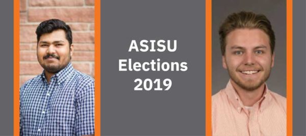 ASISU presidential candidate Rituraj Yadav of the Orange Party faces off against Camdon Kay of the Pride Party.