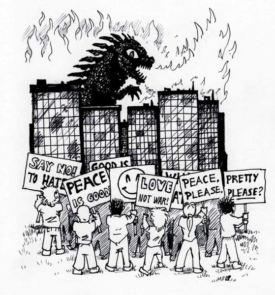 Carton of people protesting Godzilla destroying a city with signs such as "Peace is good."